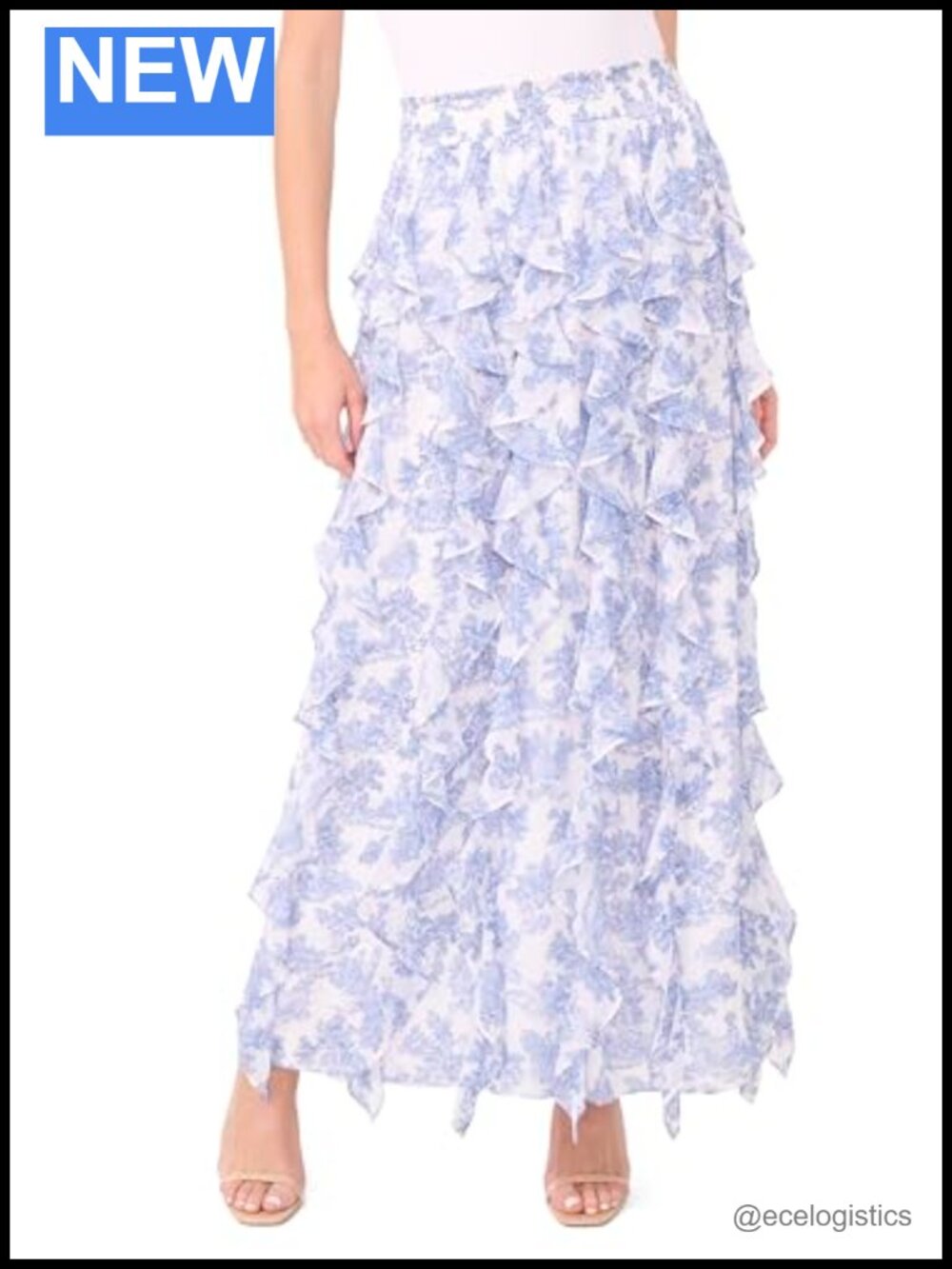 Smocked Waist Ruffled Corkscrew Maxi Skirt Lightweight Pull On
